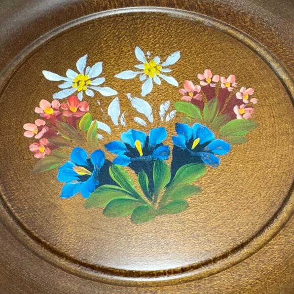 Vtg Boho Swiss Hand-Painted Floral Flowers Toole Design Wooded Dish 7" MCM Tray - Picture 4 of 9